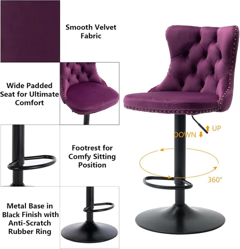 Vista 130 de Aoowow Juego de 2 taburetes de bar giratorios, taburetes de bar ajustables con respaldo de terciopelo copetudo, sillas de bar modernas tapizadas