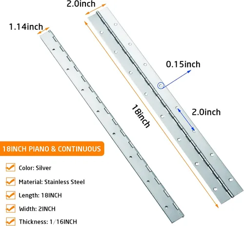 Vista 2 de 2 piezas de bisagra de piano de acero inoxidable de 2" x 18", bisagra de piano resistente de 0.060" / 1/16” de espesor con agujeros, bisagras