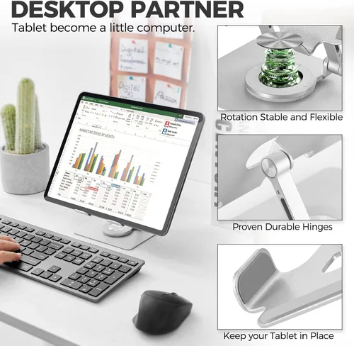 Vista 5 de Soporte para tableta para iPad para escritorio, soporte ajustable y plegable para iPad Pro, soporte para monitor portátil con base giratoria