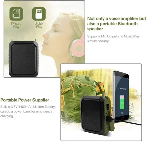 Vista 5 de Amplificador de voz inalámbrico Bluetooth Micrófono para profesor de 18 W, impermeable, amplificador de voz portátil, auriculares, micrófono Verde