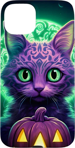 Vista 9 de iPhone 16 Cat Halloween Costume Glowing Pumpkin Purple & Light Green Case