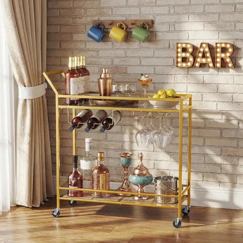 Vista 3 de HOOBRO Carrito de bar para el hogar, carrito de barra de oro, carrito de servicio de bar de 2 niveles con estante para vino y soporte para vidrio