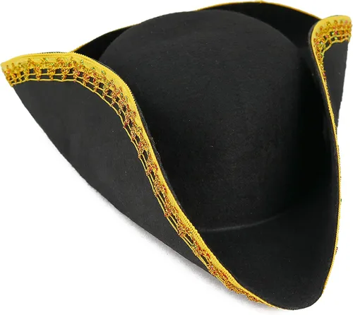 Skeleteen Sombrero de tricornio negro colonial, disfraz de guerra revolucionaria, sombrero de triesquina de lujo con ribete dorado