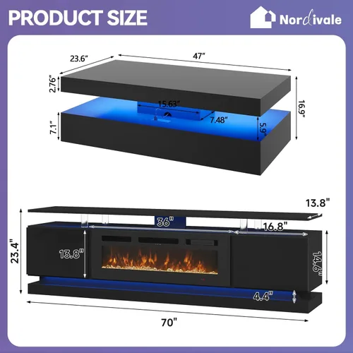 Vista 3 de Juego de Mesa Moderno Incluye Soporte de TV con Chimenea de 70" y Mesa de Centro de 47" con Estación de Carga y Puertos USB, para Sala de Estar Negro