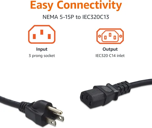 Vista 3 de Amazon Basics - Cable de alimentación para PC, 6 pies, paquete de 10, cable de corriente alterna para monitor, computadora, TV, 3 puntas, 18 AWG