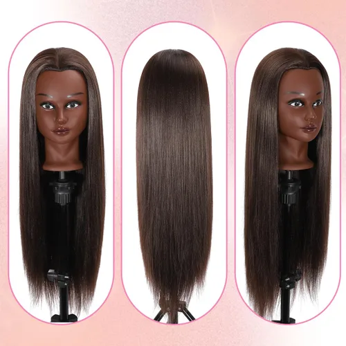Vista 5 de Cabeza de maniquí con 80% de cabello humano para práctica de peinado, 66-71 cm de cabello liso, cabeza de entrenamiento para cosmetología, barbería