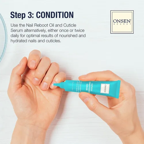 Vista 5 de Onsen Secret Kit completo de reinicio de uñas con aceite de cutícula de 0.3 fl oz, lima de uñas de grano 120/180 de doble cara, un bloque