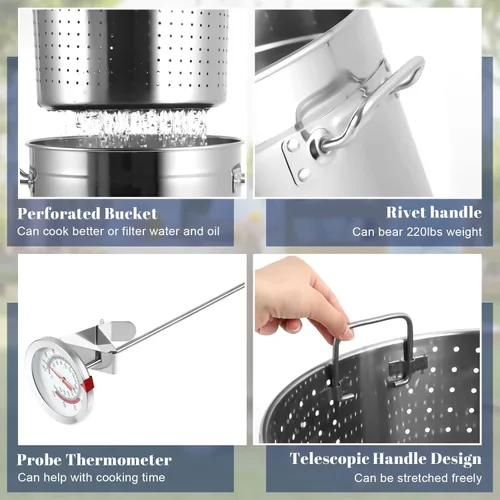 Vista 3 de Geetery Olla para hervir mariscos de acero inoxidable con canasta, olla con colador, freidora de pavo, cangrejo, langosta con termómetro inyector