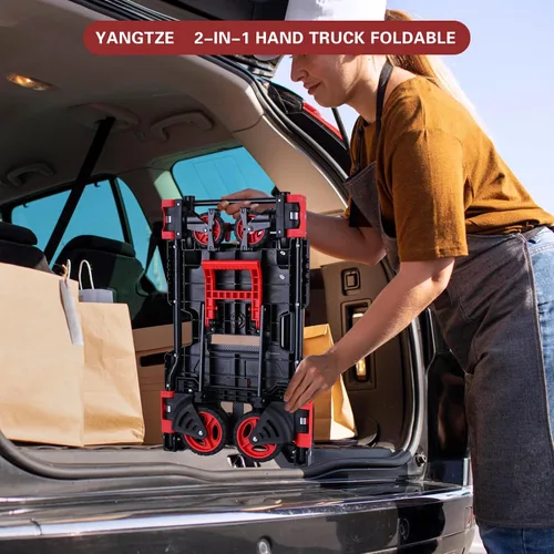 Vista 5 de Carro de mano plegable 2 en 1 con cesta, carrito de mano plegable de capacidad de 330 libras, carro de mano plegable con mango retráctil, carrito