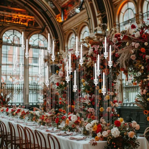 Vista 7 de Centros de mesa acrílicos de 5 brazos para bodas, candelabros de piso con pantalla extraíble para fiesta de Navidad, chimenea, día de San Valentín