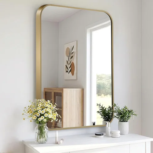 Vista 10 de Espejo de baño de níquel cepillado de 22 x 30 pulgadas para pared, espejo rectangular enmarcado con esquina redondeada, espejo de níquel cepillado