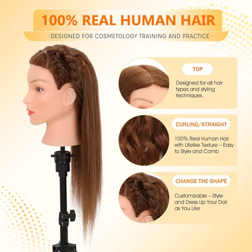 Cabeza de maniquí con 100% cabello humano real para entrenamiento en cosmetología, muñeca para peinar, cortar y trenzar (Marrón Oscuro)