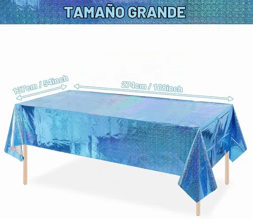 Vista 2 de Paquete de 4 manteles de plástico iridiscente brillantes desechables láser rectangulares, cubiertas de mesa, mantel de papel holográfico