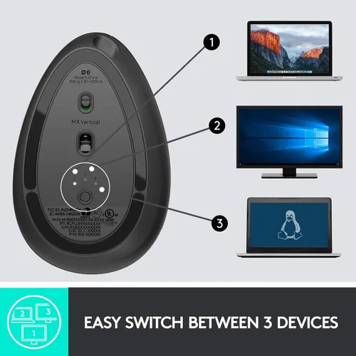 Vista 8 de Logitech MX - mouse inalámbrico vertical – diseño ergonómico avanzado que reduce la tensión muscular, controla y mueve contenido entre 3