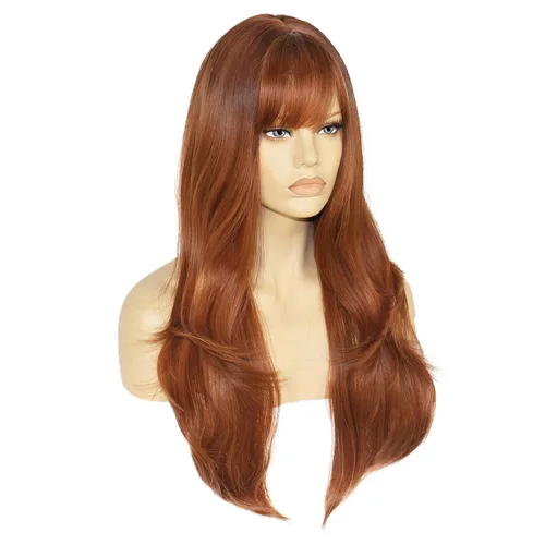 Vista 3 de Ebingoo + Gorra de peluca de 28 pulgadas, peluca de jengibre con flequillo, peluca roja cobre para mujer, peluca roja cobre con flequillo, cabello