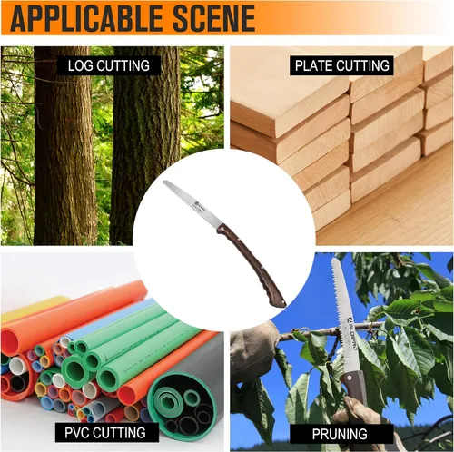 Vista 8 de Sierra de podar plegable de 7 pulgadas con funda de cuero y mango de madera de wengué, hoja de acero SK5, sierra de mano plegable para campamento
