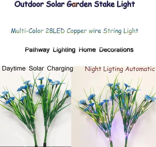 Vista 9 de Paquete de 2 luces solares de flores para exteriores, impermeables, 28 LED, diseño de margaritas, luces decorativas en el suelo, 2 modos