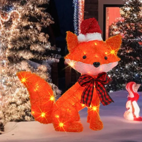 Vista 3 de Dazzle Bright Zorro de Navidad iluminado 3D de 20 pulgadas, decoraciones de Navidad para exteriores preiluminado, zorro de 35 L con luces