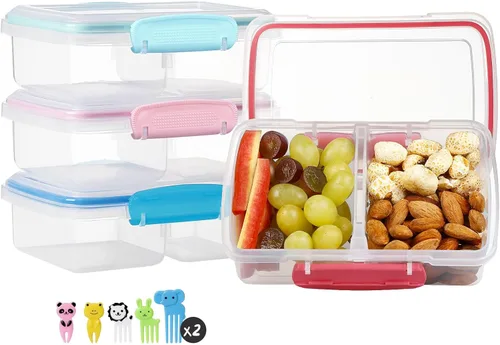 Vista 10 de Paquete de 4 recipientes de plástico para aperitivos con tapas, contenedor de alimentos de 2 compartimentos para caja de aperitivos para niños