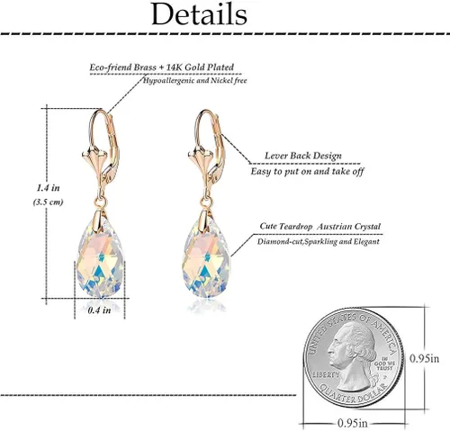 Vista 4 de Aretes con dijes con forma de lágrima de cristal austriaco, para mujer, cierre catalán, chapados en oro de 14quilates joyas hipoalergénicas