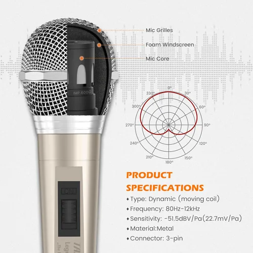 Vista 2 de Micrófono con cable para cantar, hembra de metal, interruptor de encendido/apagado, micrófono dinámico vocal profesional con cable de audio XLR