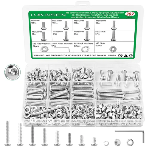Vista 19 de Kit surtido de tornillos M4 de 271 piezas, cabeza de botón de acero inoxidable 304, tornillos hexagonales, tuercas, arandelas y llaves