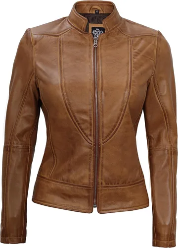 Vista 3 de Decrum Chaqueta de cuero marrón para mujer - Cafe Racer Leather Biker Style Casual Chaquetas para mujer