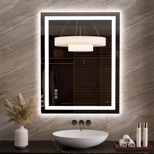 Vista 60 de LOAAO Espejo de baño LED de 60 x 40 pulgadas con luces, antiniebla, regulable, retroiluminado + iluminado frontal, espejo de tocador de baño