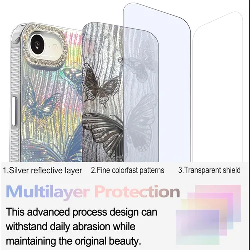 Vista 713 de I-MGAE-IN-AR - Funda diseñada para iPhone 12 y 12 Pro, diseño de mariposa plateada brillante, funda protectora de poliuretano termoplástico, suave