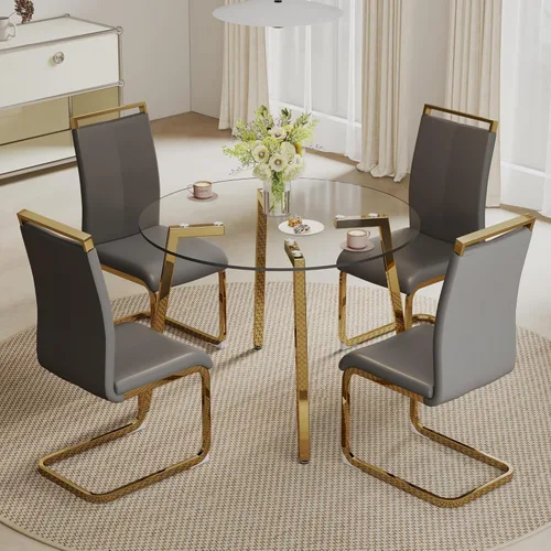 Vista 9 de Juego de mesa de comedor de cristal para 4, mesa rectangular con 4 sillas de cocina de cuero blanco, juego de comedor de cocina de 51 pulgadas, mesa