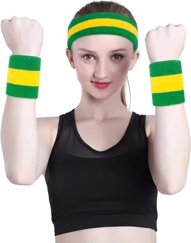 Vista 31 de ONUPGO - Conjunto de diadema y muñequeras deportivas para el sudor, hechas de algodón con bucles, muñequeras, contra humedad