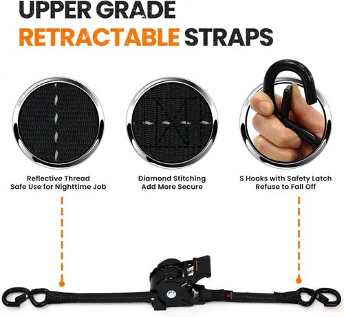 Vista 6 de Correas de trinquete retráctiles (2 unidades) – Correas de amarre de trinquete automaitc de 1 pulgada x 12 pies con bucles suaves, correa
