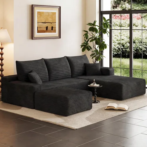 Vista 30 de Sofá modular Cloud de 95 pulgadas con otomana, moderno sofá nube en forma de U con asiento profundo, cómodo sofá de pana de 3 plazas, sofá de espuma