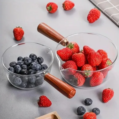 Vista 8 de Cacerola de vidrio transparente, resistente al calor, mini olla a fuego lento con mango de madera, juego de utensilios de cocina de vidrio