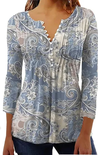 Black Quarter Sleeve Shirts Women V Neck Petal Sleeve Button Up Shirt Pleated Marble Print Ladies Tops and Blouses