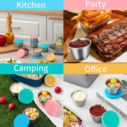 Vista 7 de Freshmage [Paquete de 6 de 2.4 onzas] Recipiente de aderezo de acero inoxidable con tapas de silicona, recipientes reutilizables a prueba de fugas