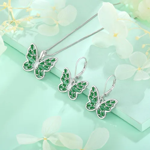 Vista 4 de STARCHENIE Juego de joyas de plata de ley 925 con diseño de mariposa y esmeralda, para mujer