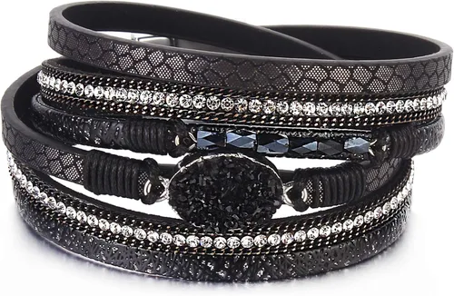 Vista 20 de FANCY SHINY - Pulsera de cuero estilo bohemio, pulsera de cuentas de cristal con cierre magnético, regalos de joyería para mujer Negro