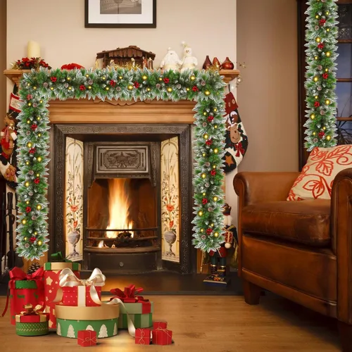 Vista 7 de Guirnalda de Navidad con luces, guirnalda preiluminada flocada de 9 pies con 30 luces LED, bayas rojas, piñas de pino, guirnalda de pino artificial