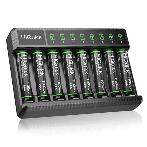 Vista 10 de HiQuick Cargador inteligente de 8 bahías con batería recargable AA AAA, 4 pilas AA de 2800 mAh y 4 pilas AAA de 1100 mAh, carga rápida