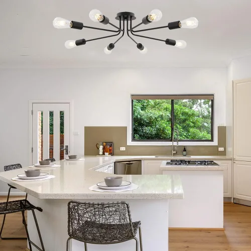 Vista 11 de Lámpara de Araña Sputnik de 8 Luces de Latón Cepillado Semi Empotrada de Montaje en Techo Luces Industriales para Cocina Accesorios de Iluminación