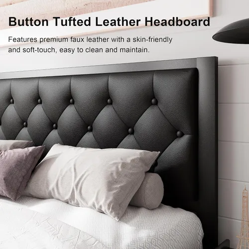 Vista 5 de Feonase Marco de cama de metal tamaño doble con cabecera capitoné de cuero sintético con botones, marco de cama tipo plataforma resistente