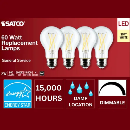 Vista 7 de Satco S12463 - Bombillas LED de 8 vatios y 120 V, 3000 K, luz blanca cálida, 2 paquetes de 4 (= 8 bombillas)