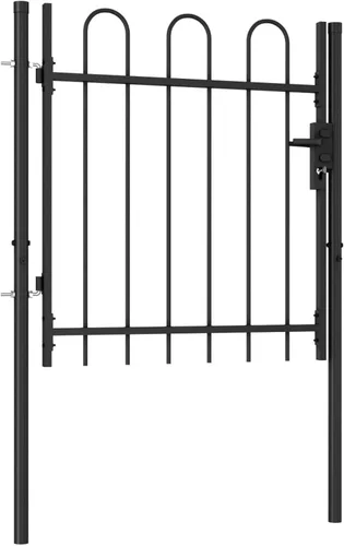 Vista 4 de Puerta para valla de jardín, puerta individual con parte superior arqueada de acero de 39.4 x 39.4 pulgadas, color negro, bordes de césped, paneles