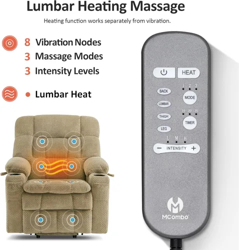 Vista 7 de MCombo Silla reclinable eléctrica de doble motor para personas mayores, silla elevadora plana con calor y masaje, silla elevadora pequeña, Beige