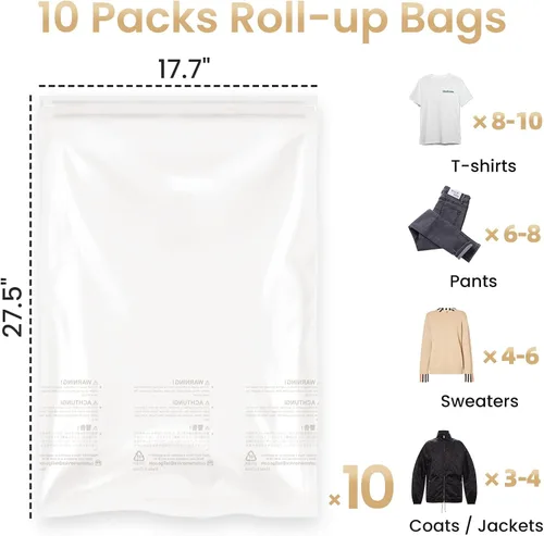 Vista 2 de TAILI Paquete de 10 bolsas de compresión de viaje, bolsas enrollables que ahorran espacio (23.6 x 15.7 pulgadas), bolsas de embalaje enrollables
