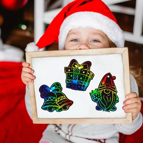 Vista 3 de Mocoosy 48 Piezas Adornos de Arte para Rascar de Navidad, Kit de Manualidades de Navidad a Granel para Rellenos de Calcetines de Niños, Tarjetas