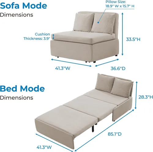 Vista 2 de Mjkone Twin Pull Out Sofa Bed, 41" W Sleeper Couch Beds, 2-in-1 Modern Convertible Linen Sofas Sleeper Pull Out Sofa Couch Bed with Mattress & Beige