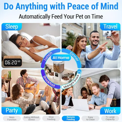 Vista 5 de Comedero automático para gatos 2 gatos con alimentación lenta: comedero automático doble para perros de 7 litros con WiFi 5G, dispensador de comida