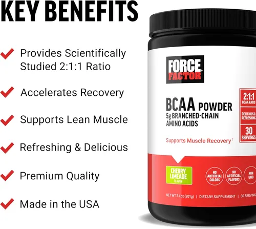 Vista 2 de Force Factor BCAA Aminoácidos Suplemento 2:1:1, delicioso y refrescante BCAA en polvo para apoyar la recuperación muscular y el rendimiento, sin